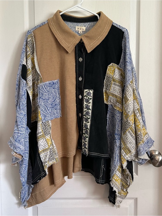 POL Tops - POL Button Shirt NWT Dolman Sleeve Mixed Fabric Western Patchwork Boho Oversized